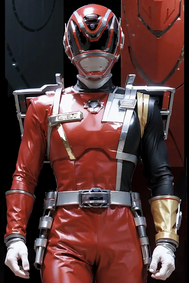 Fantasy background, space, planet exploration, , (power rangers)), One guy、, ((red ranger suit)), chest armor with gold details, costume, Solo, ((fit figure)), (Anatomically correct), Cowboy shot, masked face, guns, muscular build