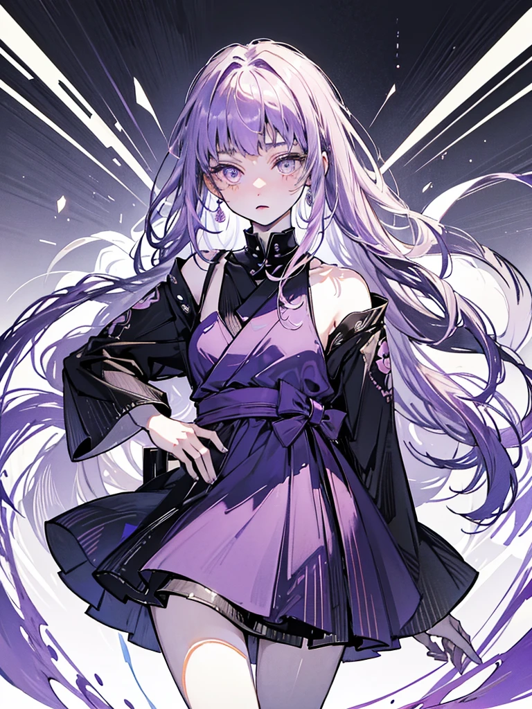 A 20-year-old Japanese girl with long purple hair and one purple eye and one black eye. She plays in a rock band and usually wears black-pink loli dresses. She has pale skin