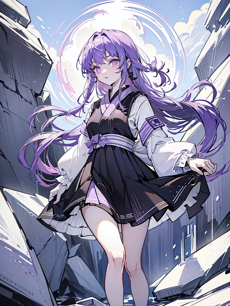 A 20-year-old Japanese girl with long purple hair and one purple eye and one black eye. She plays in a rock band and usually wears black-pink loli dresses. She has pale skin