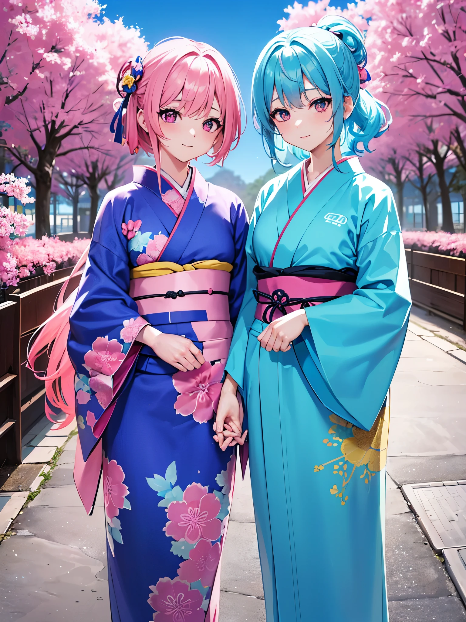 (masterpiece 1:1),(ultra hd picture), (pastel color palette), ((girl 1/girl 2) two Twin anime girls Short hair with different hair colors wearing japanese kimono with different color holding hands each other Love each other pose side by side), (girl 1 hair color pink mix with sky blue, primary hair color:pink, secondary hair color: sky blue, secondary hair color is a accent) ,(girl 1 kimono color blue with yellow accent).(Blue sky pastel hair girl)(girl 2 hair color sky blue mix with pink, primary hair color:sky blue, secondary hair color: pink, secondary hair color is a accent ),(girl 2 kimono color pink with yellow accent). Glowing eyes, HD results, best picture, cinematic angle, lovely expression, cute faces, Detail eyes, (4 fingers), Japan idols stages background.