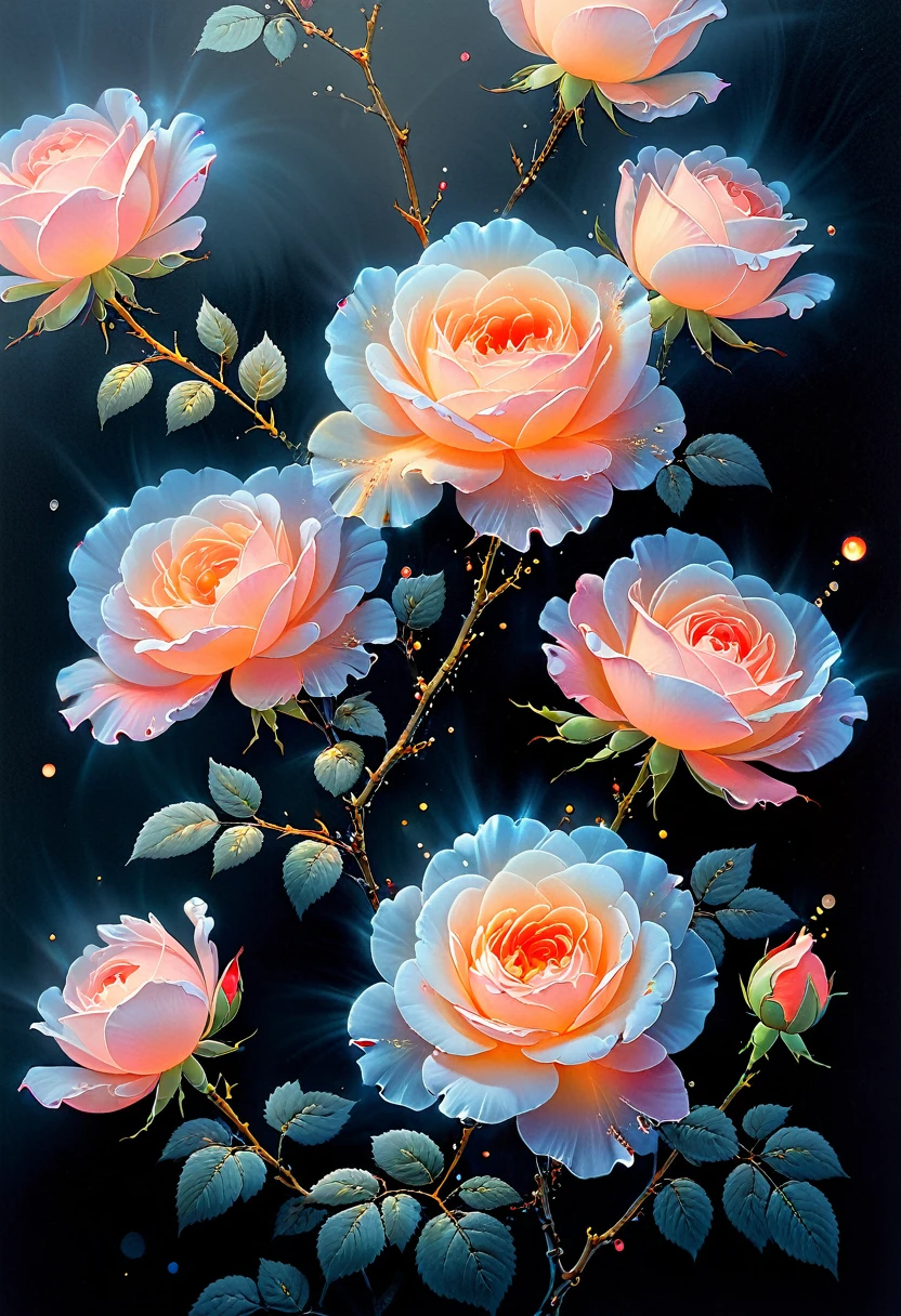 Chinese painting,Ethereal beauty,Ink wash painting,Ink splashes,Gongbi,Delicate brushwork,Zen simplicity,(Minimalism:1.2),soft light, cover art, high quality, masterpiece, 32K, amazing composition, stunning beauty, extremely detailed, black background, (((Meticulous brushwork painting of rose))), glowing flowers, translucent petals, colors, fluorescent, gradient, highest detail, colorful particles, flowing light, contour light, surrealistic art, bright and colorful, dissolving and disappearing into particles, translucent fluorescent, glowing particles, optical flares, no human, ((perfect combination of traditional meticulous brushwork and light and shadow)), award-winning art illustration,