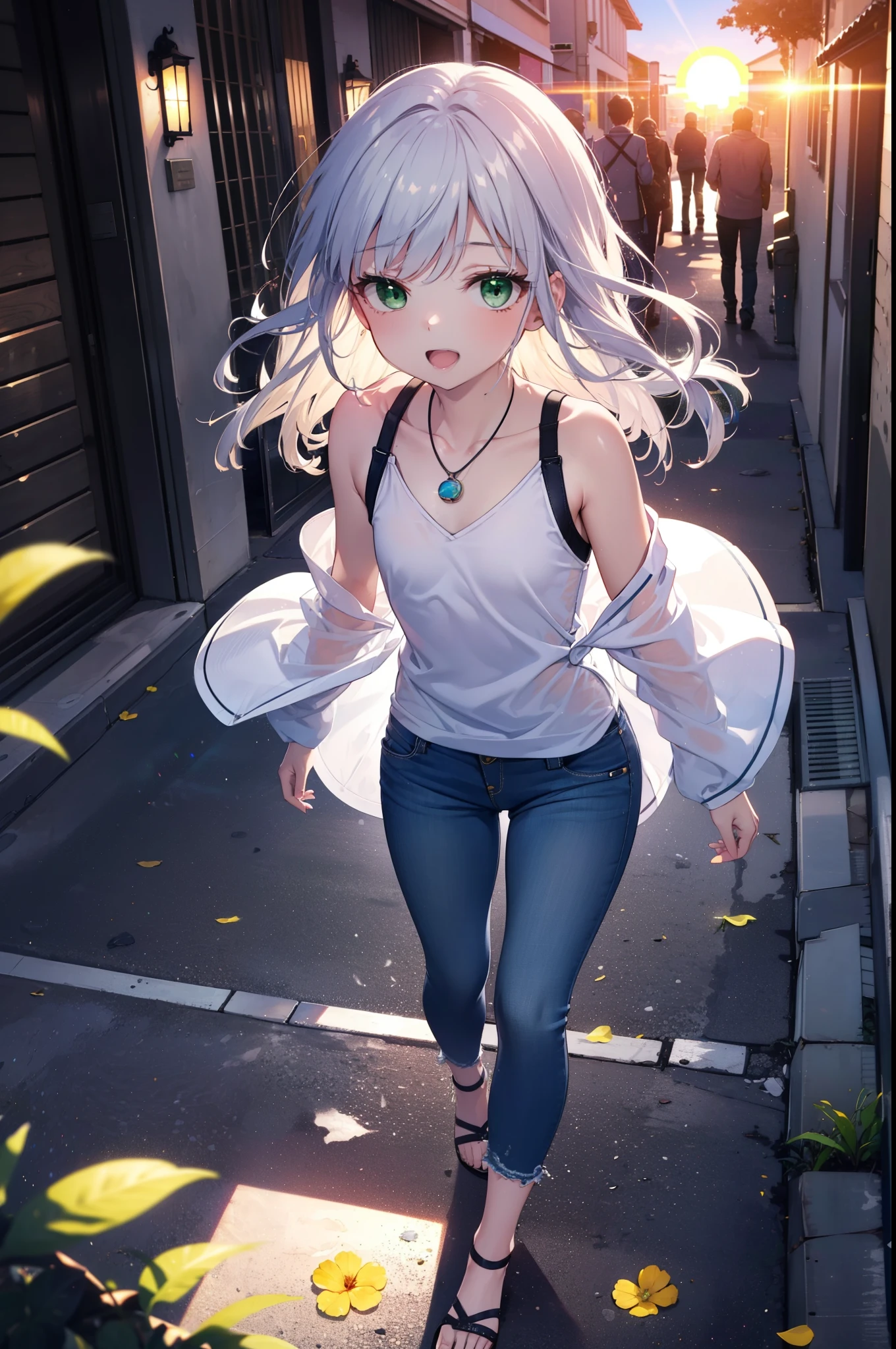 index, index, (Green Eyes:1.5), Silver Hair, Long Hair, (Flat Chest:1.2)happy smile, smile, Open your mouth,v neck tank top shirt,Skinny jeans,Cute Sandals,Rocket Pendant,walking,sunset,evening,The sun goes down,whole bodyがイラストに入るように,
break looking at viewer, whole body,
break outdoors, Area,
break (masterpiece:1.2), Highest quality, High resolution, unity 8k wallpaper, (shape:0.8), (Beautiful attention to detail:1.6), Highly detailed face, Perfect lighting, Highly detailed CG, (Perfect hands, Perfect Anatomy),