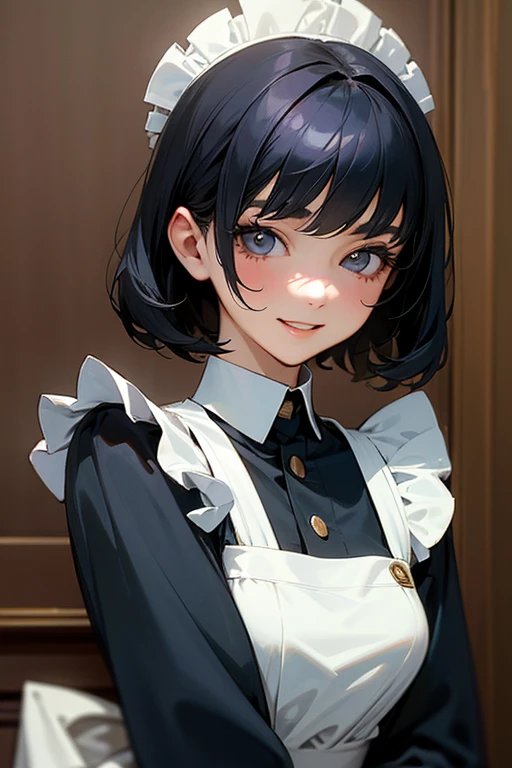 (Highest Resolution, clear_image) Highest quality, One woman, alone, masterpiece, Very detailed, Semi-realistic, Black Hairのショートヘア, Black Hair, bangs, 18-year-old, mature, light blue uniform, uniform, 私ndoor Background, kind, Authoritative, Powerful, exquisite features, exquisite features、Eyelashes become longer、Showing teeth、smile😀、Maid clothes、woman'Fingers in the、Sleeping on the sofa、Long Hair、Fluttering in the wind、Navy blue clothes、Long Hair、The tie is a red ribbon、