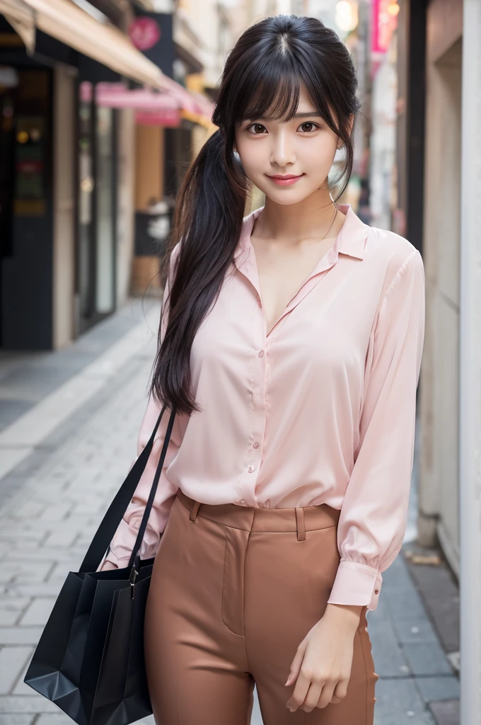 Pink blouse,Brown pants,24-years-old,OL,Black Hair,bangs,Straight Hair,ponytail,Dark Eyes,Small Face,Clean eyes,Small Mouth,slender,Young face,Lori,Flat chest,Shopping Street,live-action,Realistic photos,8K,Smile,Ultra HD,Standing posture,whole body,bag,