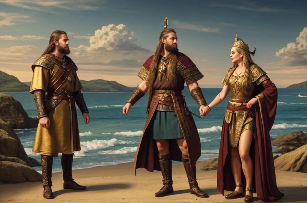 An oil painting depicting a couple standing side by side in the Viking Age. They are wearing very luxurious Viking attire, adorned with golden details and intricate decorations. The man is dressed in strong armor and a Viking helmet, while the woman wears a lavish gown with traditional Viking accessories. A decorated leather pouch hangs from her waist, and a naval battle is visible in the background. The depiction has a cinematic, photographic realism, with rich colors and precise details. The background features a natural scene reflecting the Viking ambiance, with ships, shores, and a cloudy sky. Facial features are portrayed accurately and realistically, with expressions that reflect strength and courage.