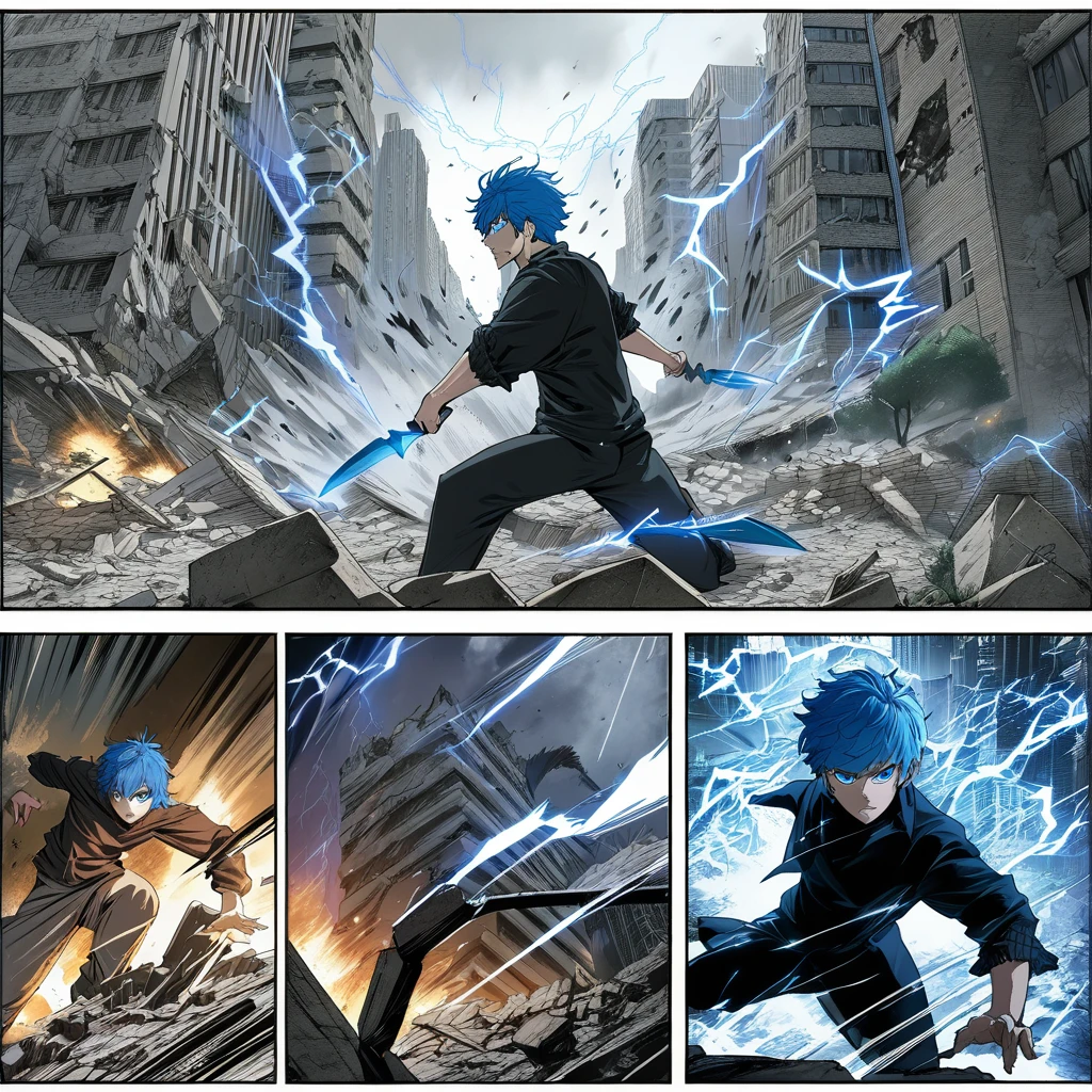 ((highest quality)), ((masterpiece)), ((detailed)), A dynamic scene featuring a man with blue hair and blue eyes in an intense pose, hurling knives charged with lightning at dark, shadowy demonic creatures composed of smoke , set against the backdrop of a city in ruins and rubble, comic ebook storyboard, three panels HQ, dramatic action sequence, high resolution