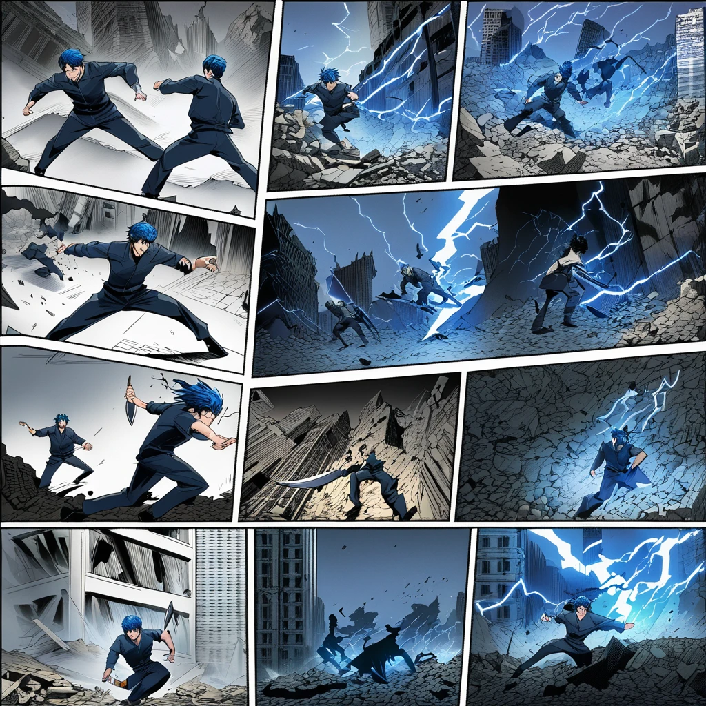 ((highest quality)), ((masterpiece)), ((detailed)), A dynamic scene featuring a man with blue hair and blue eyes in an intense pose, hurling knives charged with lightning at dark, shadowy demonic creatures composed of smoke , set against the backdrop of a city in ruins and rubble, comic ebook storyboard, three panels HQ, dramatic action sequence, high resolution