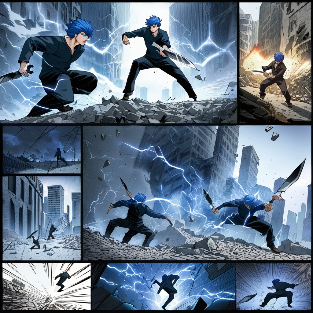 ((highest quality)), ((masterpiece)), ((detailed)), A dynamic scene featuring a man with blue hair and blue eyes in an intense pose, hurling knives charged with lightning at dark, shadowy demonic creatures composed of smoke , set against the backdrop of a city in ruins and rubble, comic ebook storyboard, three panels HQ, dramatic action sequence, high resolution