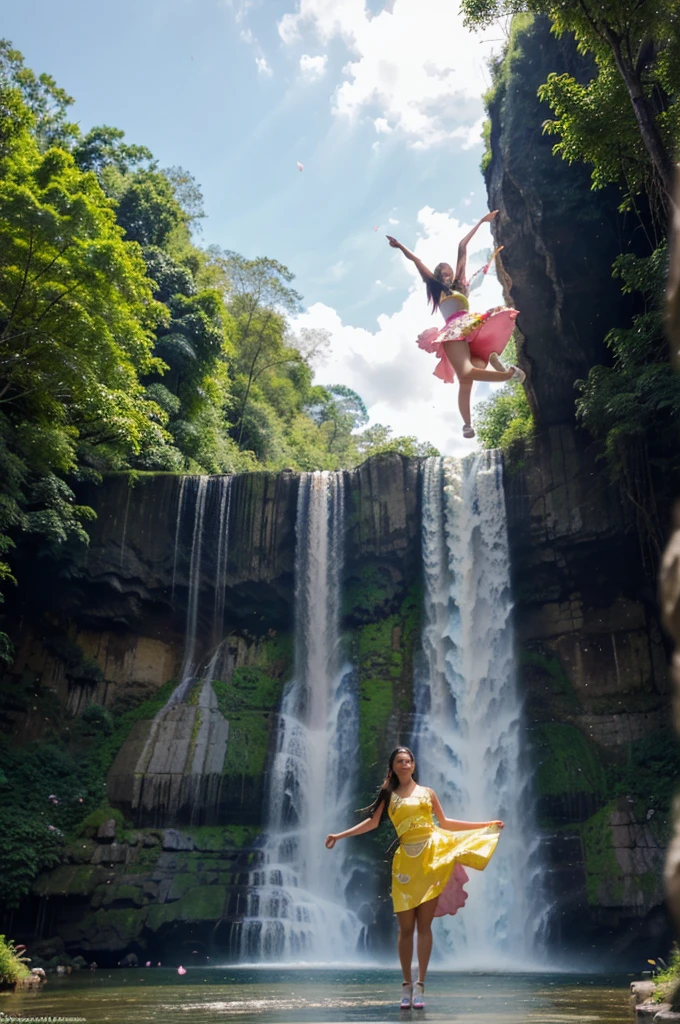 Beautiful Indonesian woman with long braided hair, wearing a yellow Thai dress, blue, pink with a flowing skirt with unique flower petals, wearing white high heels, lift both legs up as if falling through the air. with a waterfall and pink trees in the background.