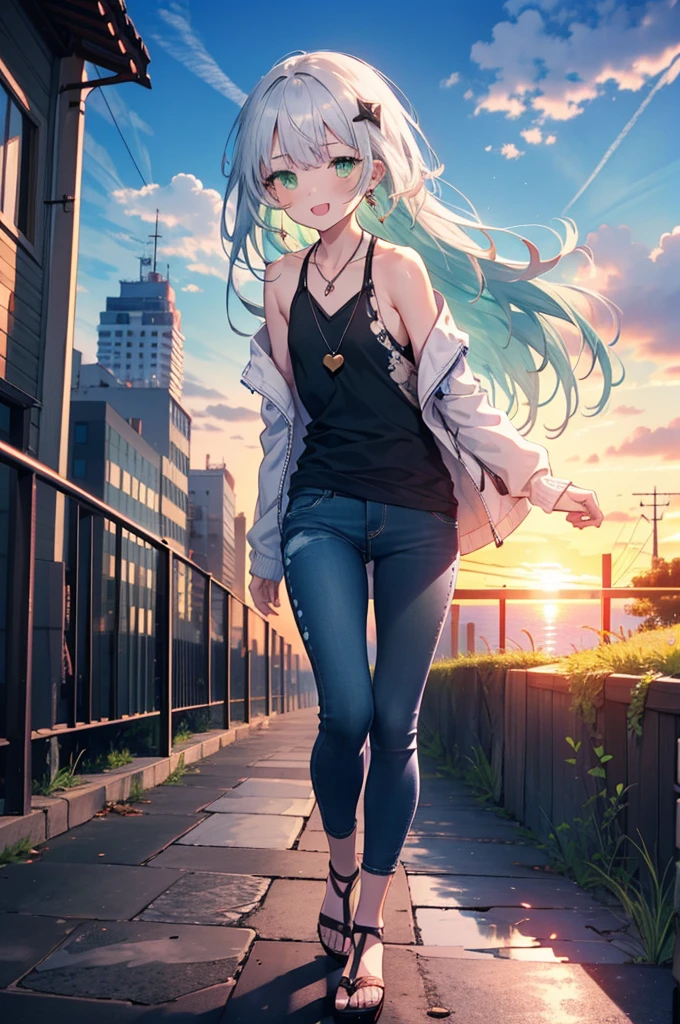 index, index, (Green Eyes:1.5), Silver Hair, Long Hair, (Flat Chest:1.2)happy smile, smile, Open your mouth,v neck tank top shirt,Skinny jeans,Cute Sandals,Rocket Pendant,walking,sunset,evening,The sun goes down,whole bodyがイラストに入るように,
break looking at viewer, whole body,
break outdoors, Area,
break (masterpiece:1.2), Highest quality, High resolution, unity 8k wallpaper, (shape:0.8), (Beautiful attention to detail:1.6), Highly detailed face, Perfect lighting, Highly detailed CG, (Perfect hands, Perfect Anatomy),
