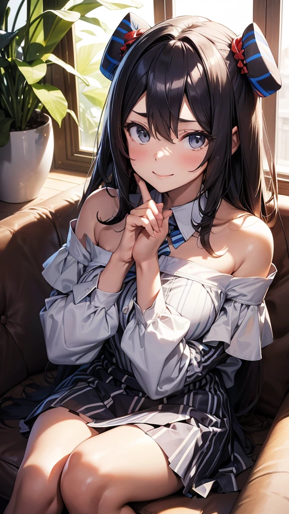 masterpiece, best quality,, curren chan (umamusume), smile, sitting,, vertical-striped dress, bare shoulders, off shoulder, closed mouth, long sleeves, collared dress, gloves, own hands together, hands on chin,, upper body,,
