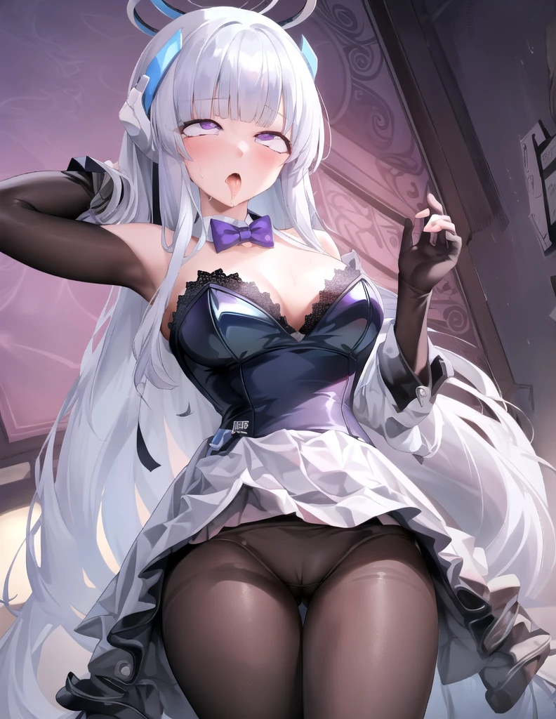 (masterpiece),(Highest quality),(Very detailed),(Best illustrations),(Best Shadow),(Absurd),(Detailed Background),(so beautiful), 16K,(Very detailed),(Best illustrations), 8K,(Absurd),(Detailed Background),(so beautiful)noa-outfit, (Processing wool), Perfect Anatomy, One Girl, alone, , , Grey Hair, Purple eyes, Blunt bangs, , (psychedelic), , , One Girl, alone, Big Breasts, Long Hair, , , , empty eyes, blank eyes, , , , Heart-shaped pupils, Fantastic effects, shiny skin, Wet, A halo shines, Sacred atmosphere, The pupils constrict, , , Sexual climax, , , , , saliva trail , , night , , pink neon, , , hallucination, , Mysterious glow, orgasm, ahegao, rolling eyes, cross-eyed, , , , Arched back, , , , , Dead, Expressionless, arms behind head, Extremely detailed and realistic reproduction, Showcasing professional craftsmanship, ((Very cute face)),open mouth, tongue out, naughty face,