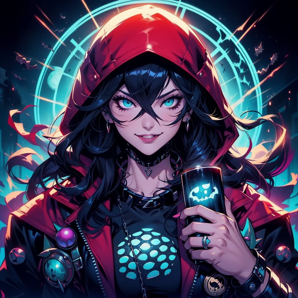 a woman sitting on a ledge in front of a full moon, heavy metal comic cover art, goth girl, sexy :8, attractive character, on amino, bats flying over tombstones, nico robin, horror smile, spike collar, beautiful fantasy painting, cruel korean goth girl, sultry and beckoning, pfp