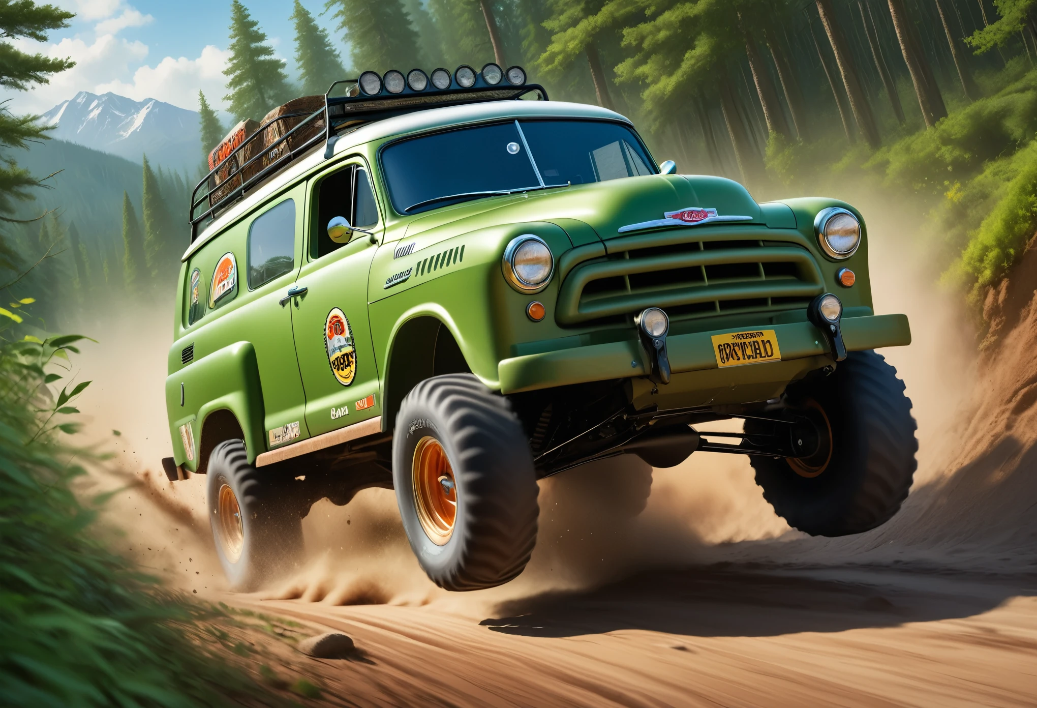 (masterpiece:1.2),(Highest quality),(Very detailed:1.3),(High resolution),8K,wallpaper,An off-road car is racing down a rough road,((Depicting a sense of speed)),front,(Green 1950s American panel van),(Dynamic driving of off-road cars:1.3),(Jump),(cool illustration:1.2),Radio-controlled box art,Tamiya Style,(Detailed car depictions:1.2),(A depiction of one off-road vehicle:1.5)