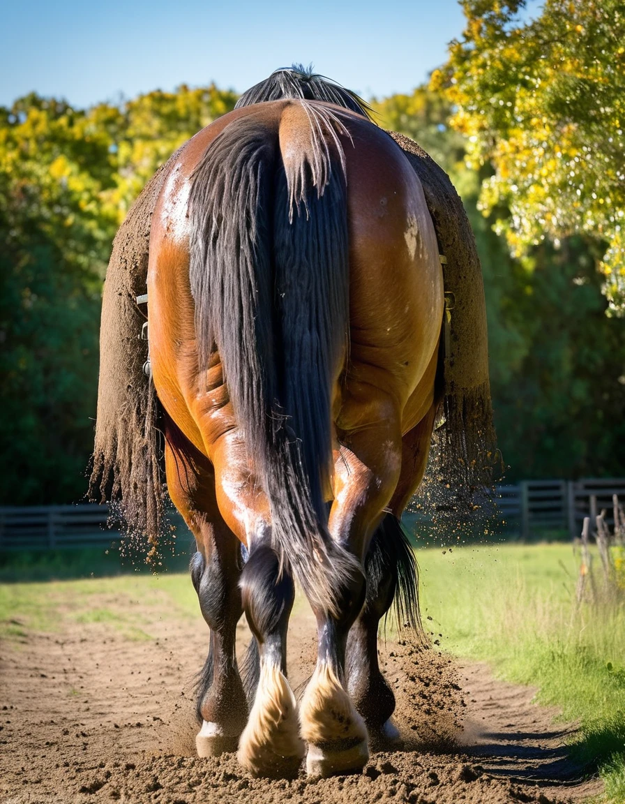 full rear view of large draft horse stallion with lumps of horse dung oozing out of a big bum. facing away from view point - towards horizon