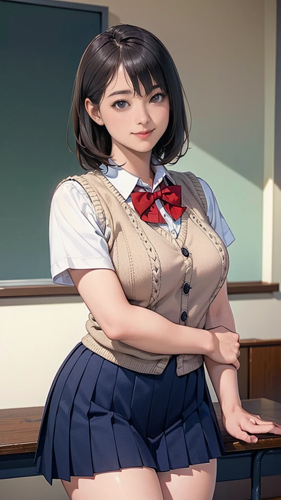 (masterpiece、Highest quality)、Beautiful illustrations、Staring at the audience、Beautiful thighs、Front view、1 Girl、Mature 、She looks like a 25-year-old high school girl.、Shiny skin、(Short Hair)、Big eyes、Long eyelashes、Very tall、 Beautiful Hair、Beautiful Face、Beautiful Eyes、 Beautiful breasts、Beautiful thighs、Beautiful feet、Beautiful fingers、(((Brown knitted vest、Short sleeve white collar shirt、Navy Pleated Skirt)))、((Red bow tie))、(In the classroom)、Are standing、((smile))