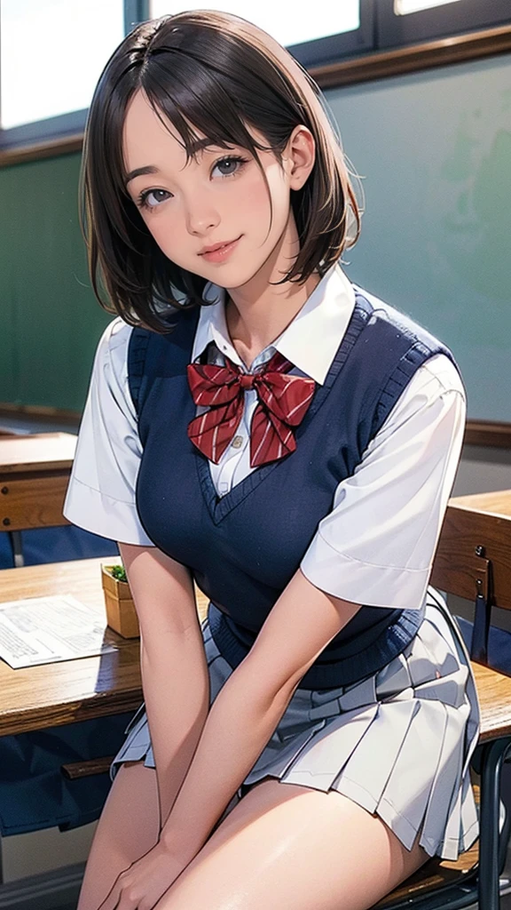 (masterpiece、Highest quality)、Beautiful illustrations、Staring at the audience、Beautiful thighs、Front view、1 Girl、Mature 、She looks like a 25-year-old high school girl.、Shiny skin、(Short Hair)、Big eyes、Long eyelashes、Very tall、 Beautiful Hair、Beautiful Face、Beautiful Eyes、 Beautiful breasts、Beautiful thighs、Beautiful feet、Beautiful fingers、(((Brown knitted vest、Short sleeve white collar shirt、Navy Pleated Skirt)))、((Red bow tie))、(In the classroom)、Are standing、((smile))