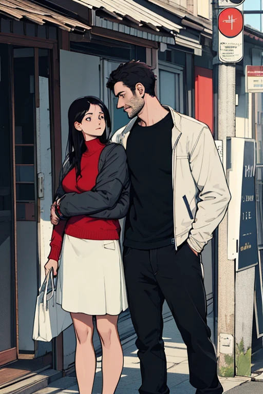 Oii, Bom dia. I would like a book cover style design, of a full body couple. He is around 35 years old, black hair and some cold white, barba, skin fair, is high, strong and is wearing a jacket. she is 20 years old, long dark hair, skin fair, is shorter and wears casual clothes. into the image, he is hugging her, Profile, and she is looking straight ahead with a serious expression. cheers