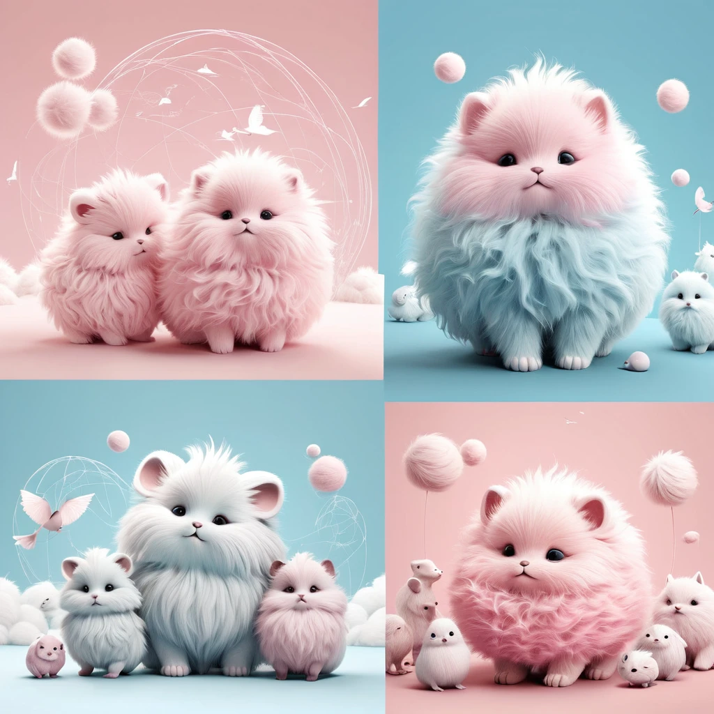 Many sphere silhouettes、Soft body line、Dark lines、High contrast、Rendered in a matte light blue and pink duotone style、Expressing beauty to the fullest、Delicate、Inorganic、Softness、Lightness、BREAK、Cute Animals page、Fluffy animals get lost、Cute