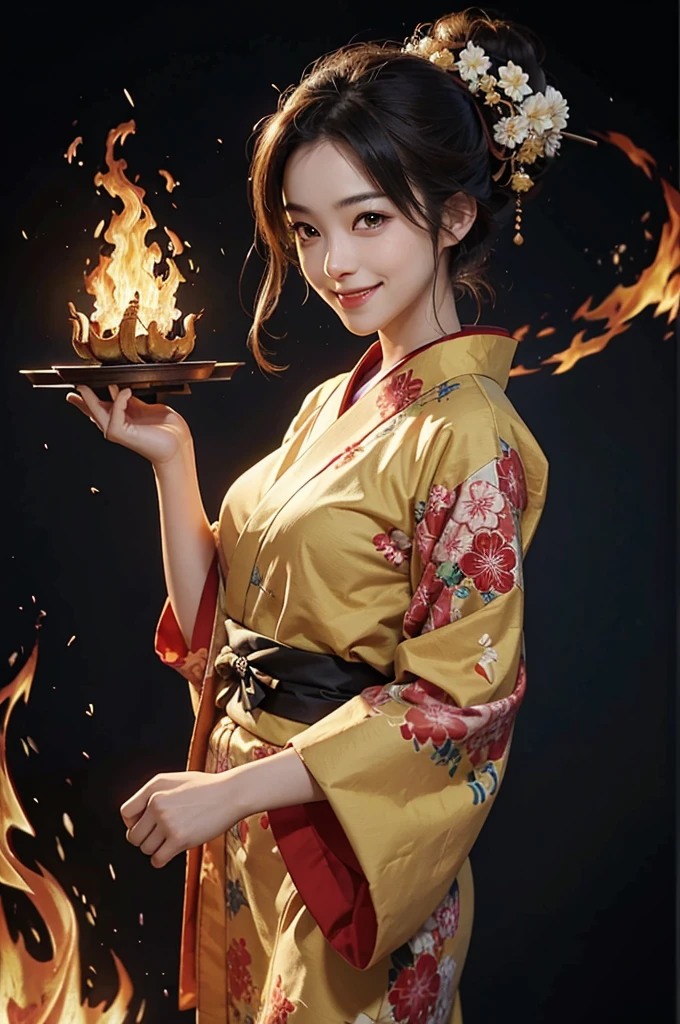 A beautiful smiling woman in a kimono dancing with fire in her hands, manipulating the flames with a magic circle and a blazing flame in the background