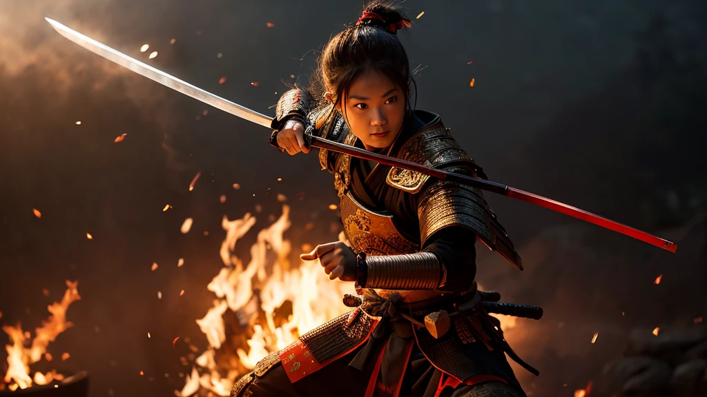 Samurai with a sword, Realistic Effects, Blur the background, 8K, Burning Fire