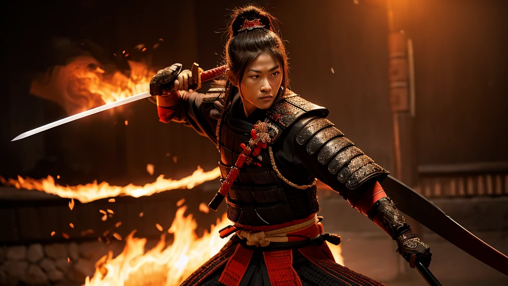 Samurai with a sword, Realistic Effects, Blur the background, 8K, Burning Fire