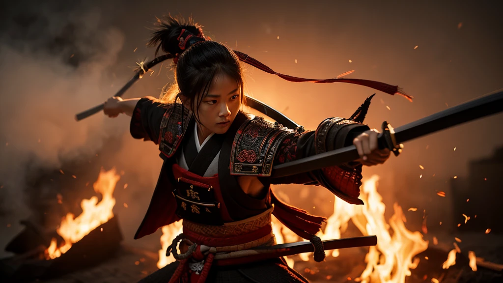 Samurai with a sword, Realistic Effects, Blur the background, 8K, Burning Fire