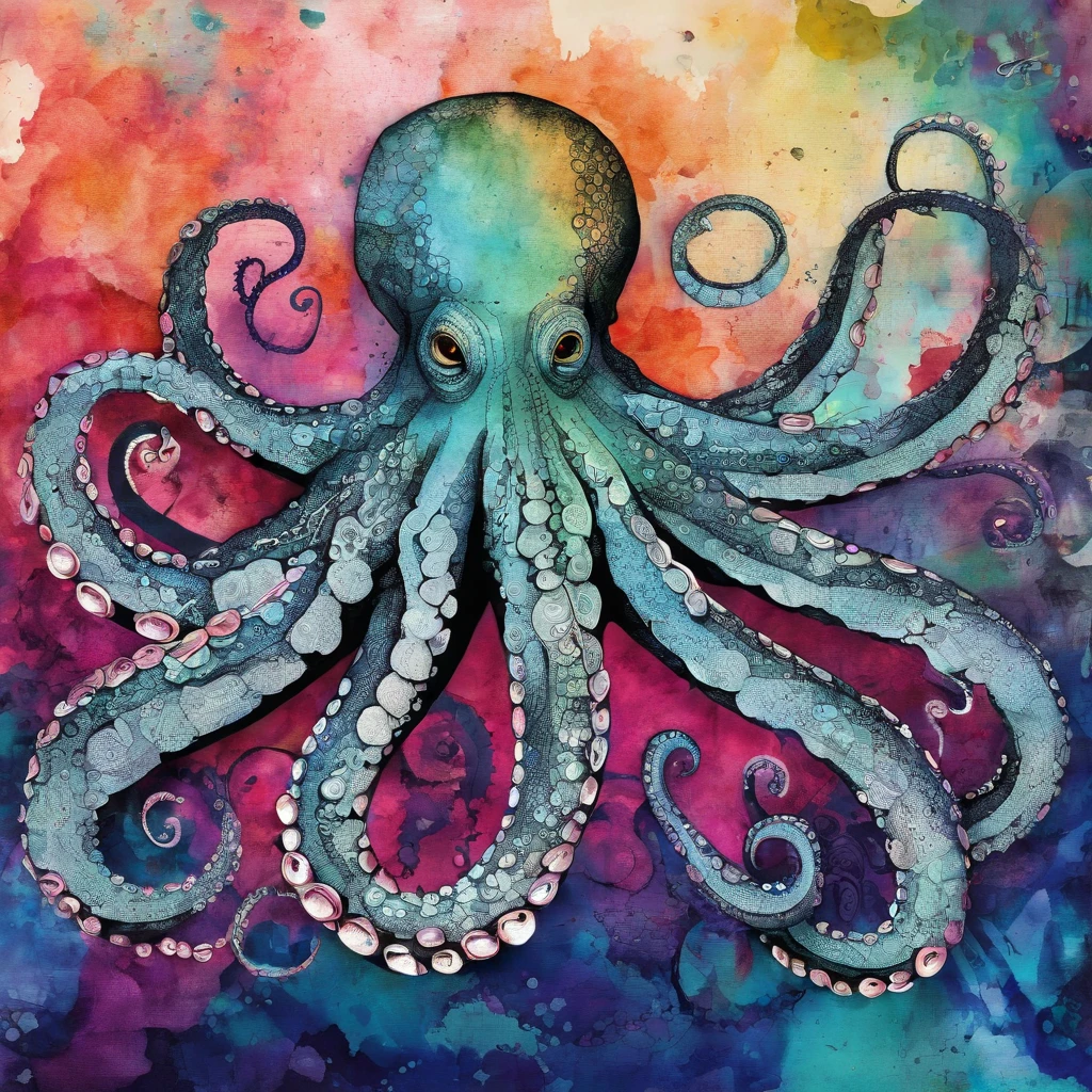 Octopus s’enfuit en répandant de l’encre noire, attitude méfiante, regard apeuré effrayé, , fond ocean ::2 colorfull ink painting ::2 fantastic art