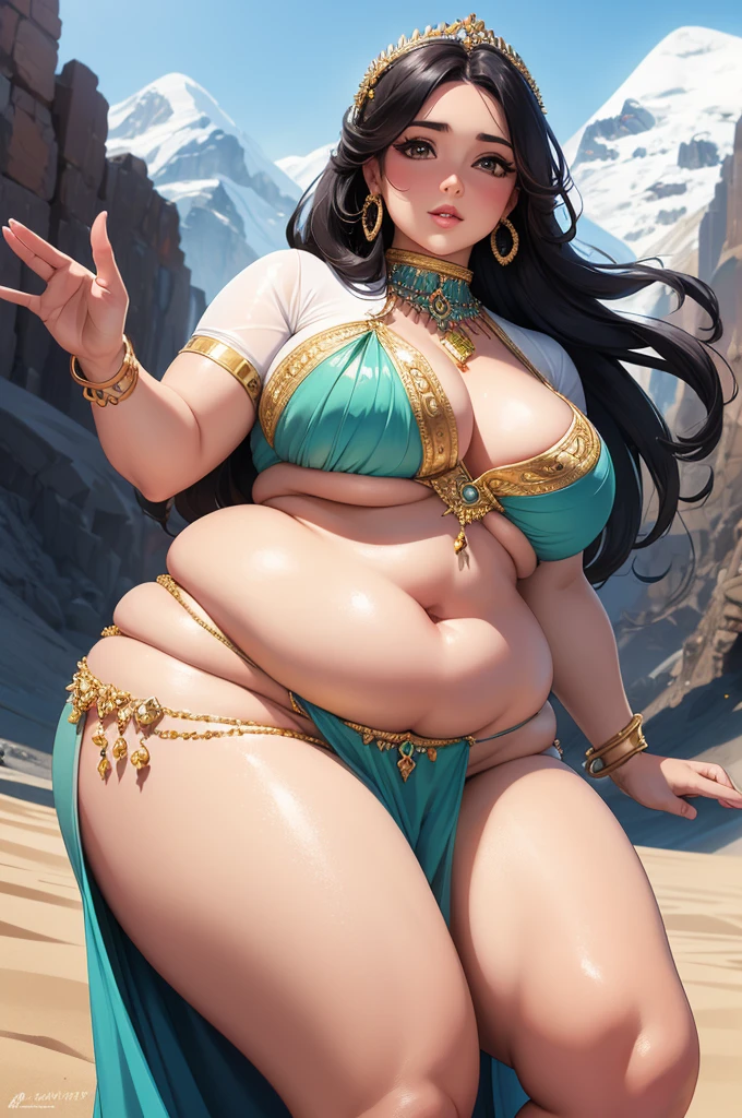 1 Heavenly beautiful and goddess beauty cute and sweet looking face Arabian woman in front of Vinicunca mountain, Heavenly beautiful Overweight, Heavenly beautiful Extremely fat, Heavenly beautiful and attractive Chubby figure , Heavenly beautiful looking and eye catching luxury style tight fitting elegant saree, reaching out, Heavenly beautiful Arabian woman, 16k, High resolution, masterpiece, highest quality, fine skin, Realistic Photograph
