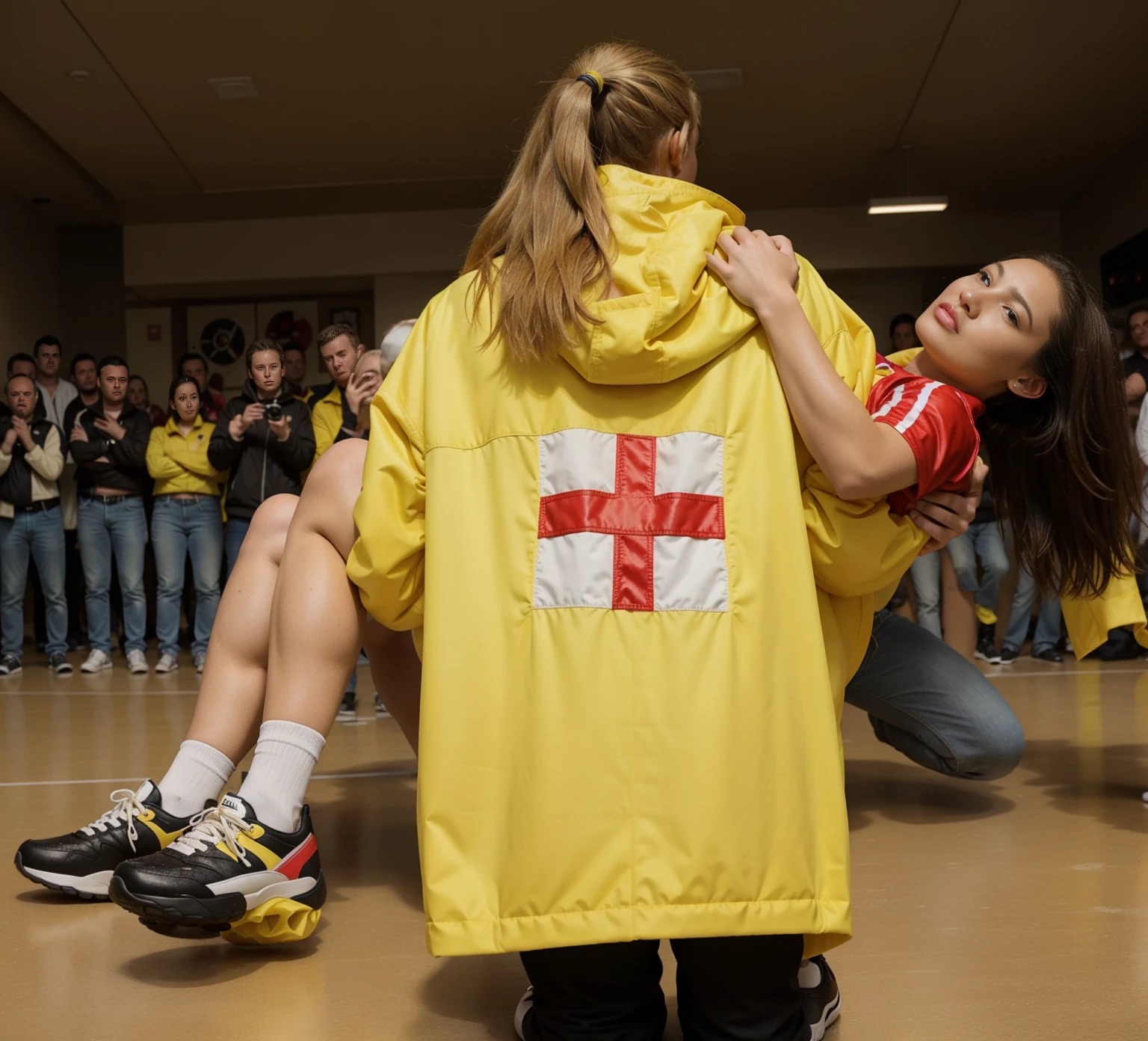 a glossy yellow laquered red-crossjacket, a laquered yellow red-cross-rain-jacket, a shiny yellow uniform-jacket, a high shine yellow plastic ,coat, a yellow friesennerz, in the center of the picture stands with her back to us a blonde young woman in a very shiny yellow coat, the woman in the yellow raincoat stands on the playing field of a crowded sports hall, the woman in the shiny yello rain coat turns her back to us and is holding a man in front of her in short and very dull sportswear in her arms, the blonde woman in the raincoat carries an injured athlete away from us, to the left of the blonde woman's back you can see the athlete's male legs hanging over the woman's arm, to the right of the blonde woman's back you can see In profile you can see the upper body and head of the injured man whose gaze is distorted in pain and directed upwards towards the ceiling, the athlete's husband on the right grabs the blonde woman's shoulder with his arm, very painful scene, sports injury, severe pain, a woman is carrying one man on the arm, a man is injured and has to be carried, compassion, photo, ultra-realistic shot, sports photography