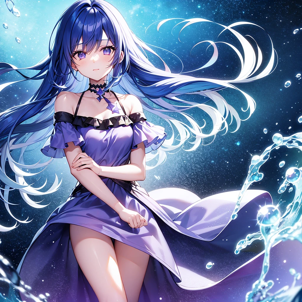 Medium blue hair, purple eyes, starry sky, night, May, beach, water powers, levitating and shining water drops, cute, sweet