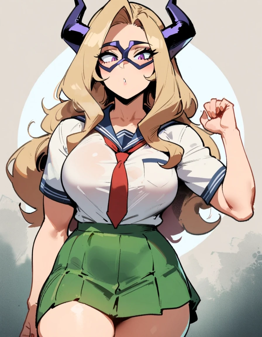1girl, mount lady, boku no hero academia \\\\\ masterpiece, best quality, very aesthetic, absurdres, newest \\\\\\ sportive body, \\\\\\ by dodok, nyantcha, cutesexyrobutts, by khyle ///// blonde, purple eyes, (school uniform:1.2), green skirt