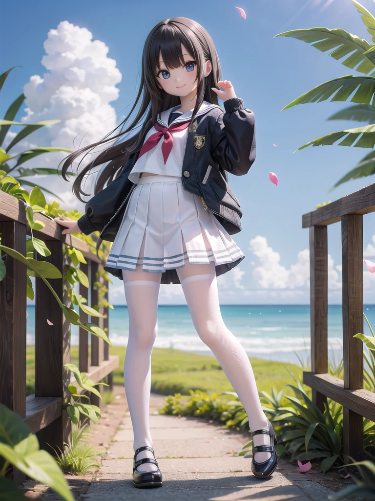 wallpaper, Clear face, (masterpiece), town, blue sky, One Girl, Place the person on the right, smile, alone, Sailor suit、Long skirt, Overgrown, petal, plant、Skirt lining、White slip、nostalgic、pantyhose(gray)、I can see the ocean in the distance, Crotch close-up