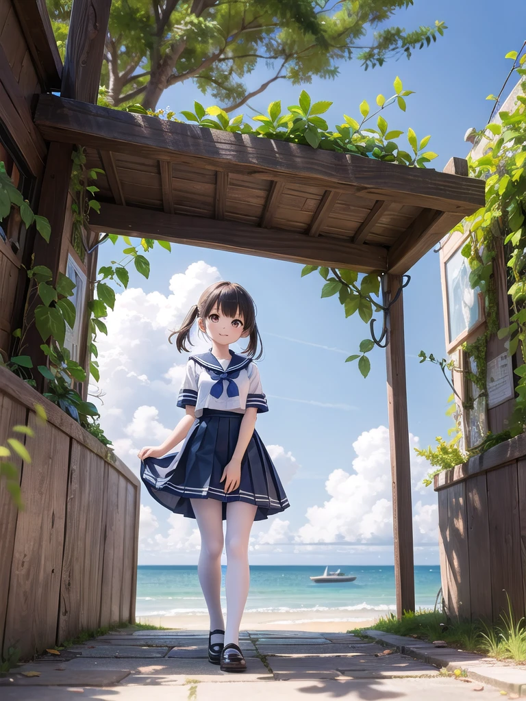 wallpaper, Clear face, (masterpiece), town, blue sky, One Girl, Place the person on the right, smile, alone, Sailor suit、Long skirt, Overgrown, petal, plant、Skirt lining、White slip、nostalgic、pantyhose(gray)、I can see the ocean in the distance, Crotch close-up