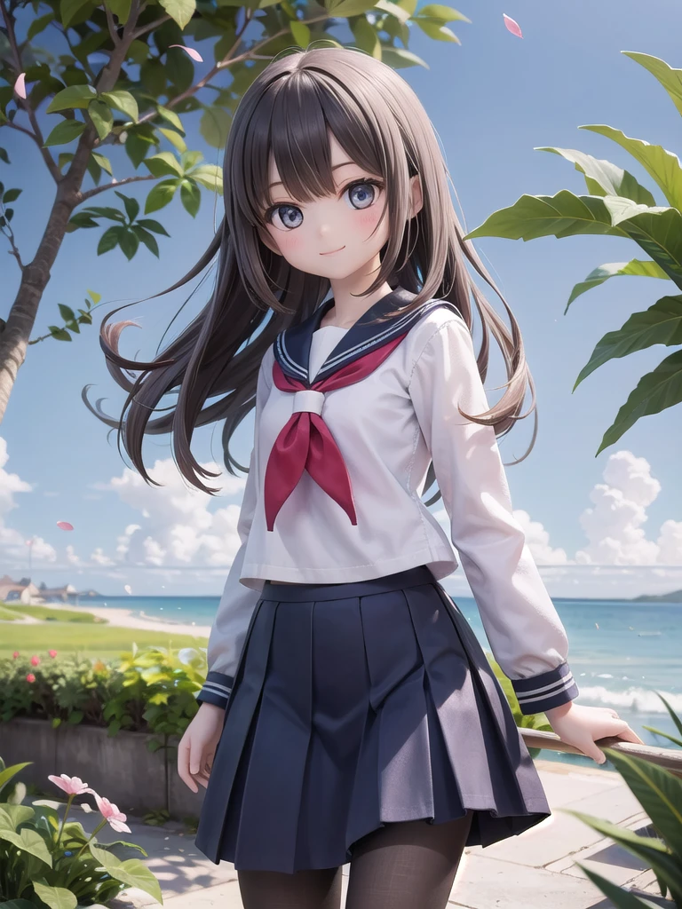 wallpaper, Clear face, (masterpiece), town, blue sky, One Girl, Place the person on the right, smile, alone, Sailor suit、Long skirt, Overgrown, petal, plant、Skirt lining、White slip、nostalgic、pantyhose(gray)、I can see the ocean in the distance, Crotch close-up