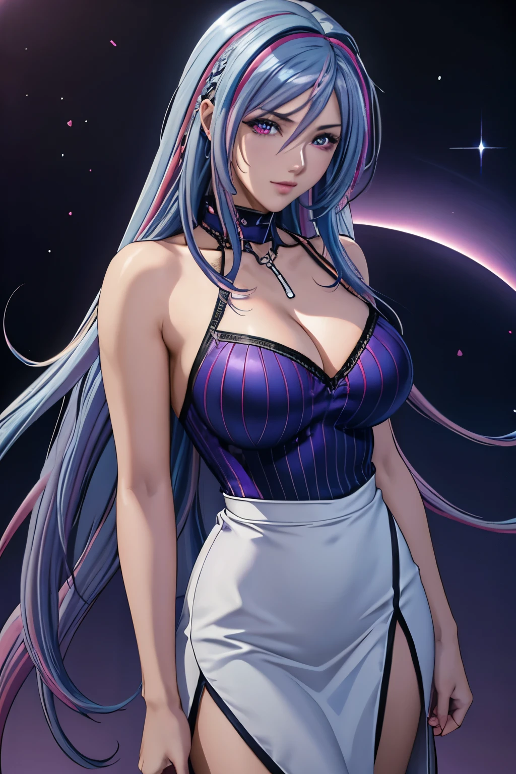 best quality, masterpiece, high resolution, A girl, blond, red eyes, Fashion, necklace, jewelry, Pretty Face, Perfect breasts, more than_Body, Tyndall effect, lifelike, Dark Studio, Side light, Two-color lighting, (HD Skin:1.2), mature woman, one person, (Silver blue hair streaked pink purple:1.4), (Gradient sky blue hair ends:1.6), hair strand, absurdly long hair, single sidelock, wavy hair, shiny hair, floating hair, (Illusion deep purple eyes), delicate eyes, aqua eyes, super high detailed eyes, long upper eyelashes, ((glowing eyes)), makeup, Focus on face, ((Half Body Shot)), Very detailed facial, hot body, break, on the street, looking at the starry night sky, meteor, Technical clothing masterpiece, White extra long skirt, cyberpunk, detailed background, perfect layer cut, clean focus, realism, chiaroscuro, (glowing light), sparkle, ray tracing, cinematic lighting, Futurism, motion blur, atmospheric perspective, Depth of Field, Bokeh, best quality, UHD, super detail, masterpiece, highres, ccurate, retina, anatomically correct