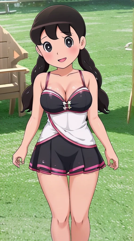 American girl of 18, video gamer, wearing translucent short T-shirt, black hair, ((blush: 0.8)), natural skin texture, 4K textures, highly detailed, insane details, faint colors , ((long wavy hair)), ((smile on face: 0.4)), (no panties: 0.2), ((looking directly at the camera)), ((tilted head: 0.8 )), ((large breasts:1)). ((full body:1)),cheerfall background