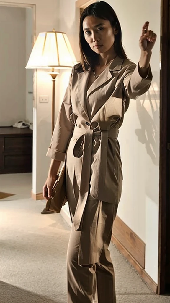 women wear light brown suit, look Asia ,Gesture stand straight,