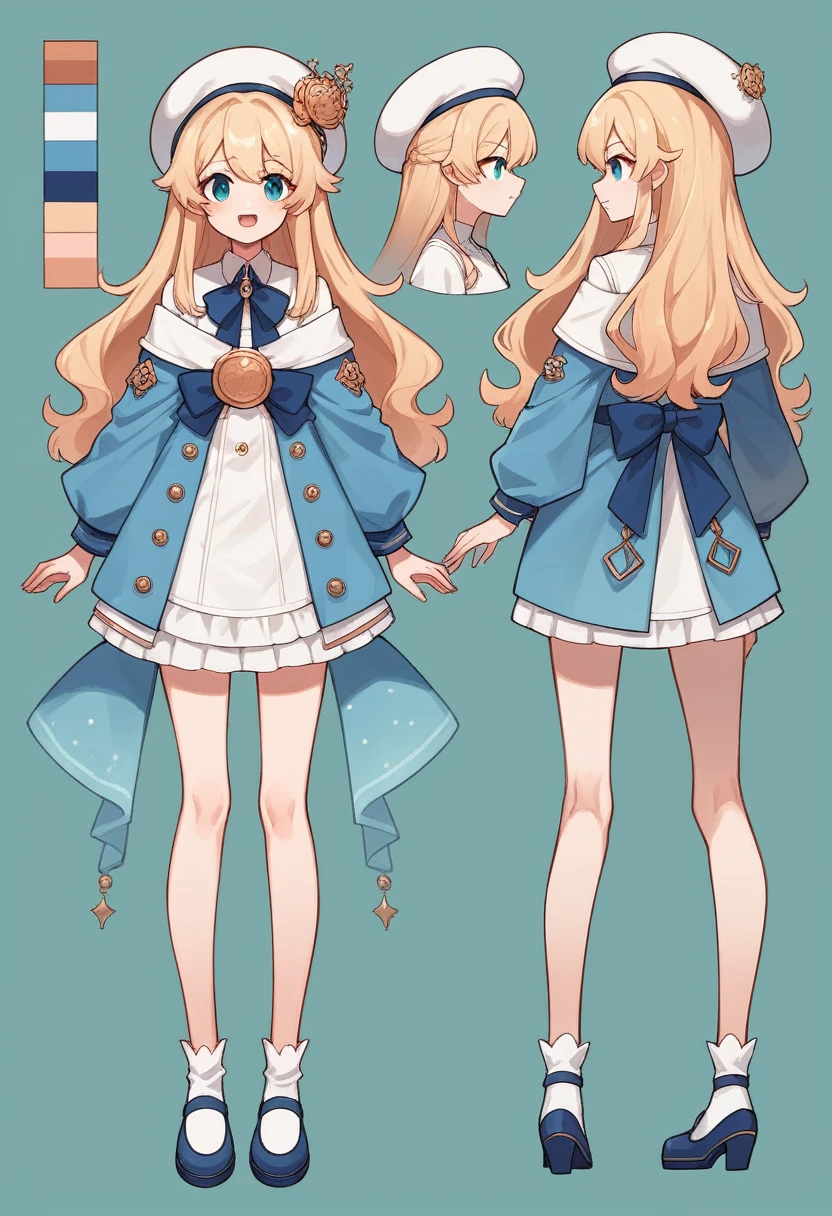 Long-haired anime girl in a blue dress and hat, Anime VTuber Full Body Model, Employable personality, Full body concept, Anime Style, Single character full body, Anime Character Reference Sheet, Possibility of whole body use, Full Body Shot Turnaround, Cute 3D anime girl render, Stylized anime,