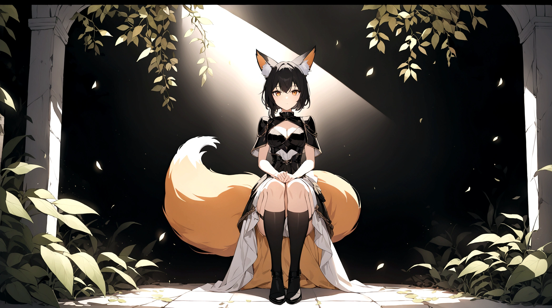 (1girl, Masterpiece, best quality) (detailed and beautiful eyes:1.6) (perfect hands, perfect anatomy) ((full body)) ((Make her look as Adult)) fox-girl Misaki has ((short black hair styled in a slightly tousled manner and her fox ears are perked up attentively.)) (She wears a black fantasy, adventurer leather armor with coat) Her outfit includes a (high-collared adventurer medium dress with red accents and 3 leather straps, emphasizing a combination of practicality) and elegance. She has a one black, big **fluffy** fox tail. She has a black long over-to-knee socks. Misaki's orange eyes exude a sense of mystery and confidence. Light filtering through the leaves create a serene yet enigmatic atmosphere. Her standing positon showcases her strength, adultness and readiness for battle.