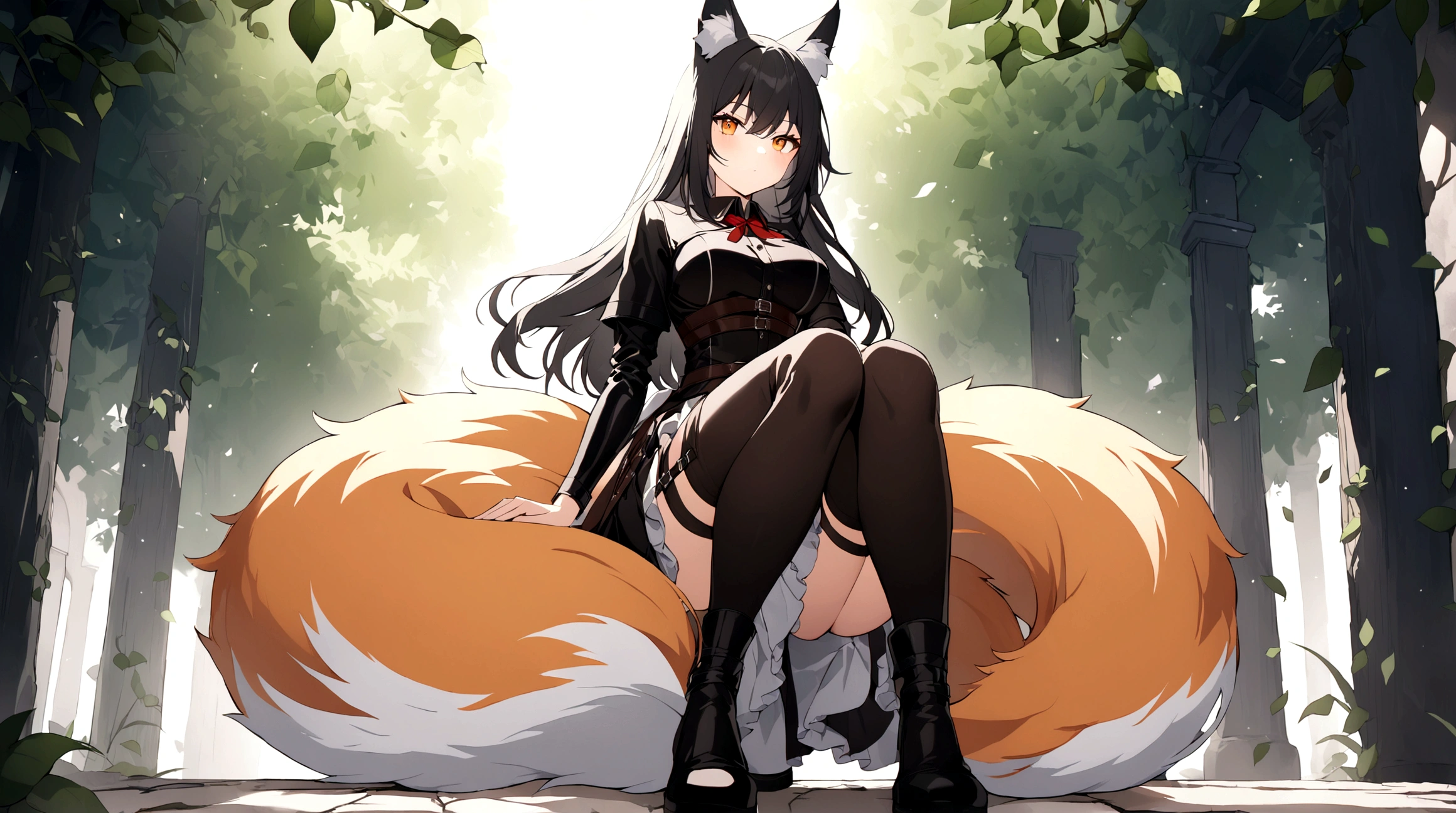(1girl, Masterpiece, best quality) (detailed and beautiful eyes:1.6) (perfect hands, perfect anatomy) ((full body)) ((Make her look as Adult)) fox-girl Misaki has ((short black hair styled in a slightly tousled manner and her fox ears are perked up attentively.)) (She wears a black fantasy, adventurer leather armor with coat) Her outfit includes a (high-collared adventurer medium dress with red accents and 3 leather straps, emphasizing a combination of practicality) and elegance. She has a one black, big **fluffy** fox tail. She has a black long over-to-knee socks. Misaki's orange eyes exude a sense of mystery and confidence. Light filtering through the leaves create a serene yet enigmatic atmosphere. Her standing positon showcases her strength, adultness and readiness for battle.
