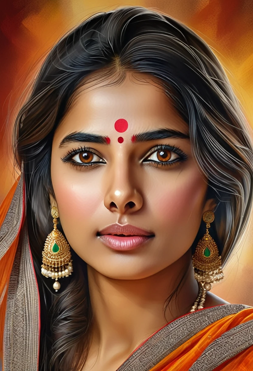 "(best quality,highres), Indian woman at temple, wearing sari, beautiful detailed eyes and lips, long eyelashes, realistic rendering, vibrant hues, high resolution, ultra-detailed, realistic rendering, high-resolution masterpiece, ", (woman's appearance is curved and attractive),
