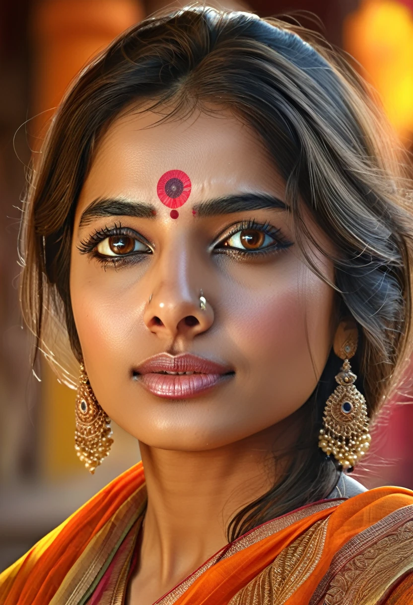 "(best quality,highres), Indian woman at temple, wearing sari, beautiful detailed eyes and lips, long eyelashes, realistic rendering, vibrant hues, high resolution, ultra-detailed, realistic rendering, high-resolution masterpiece, ", (woman's appearance is curved and attractive),