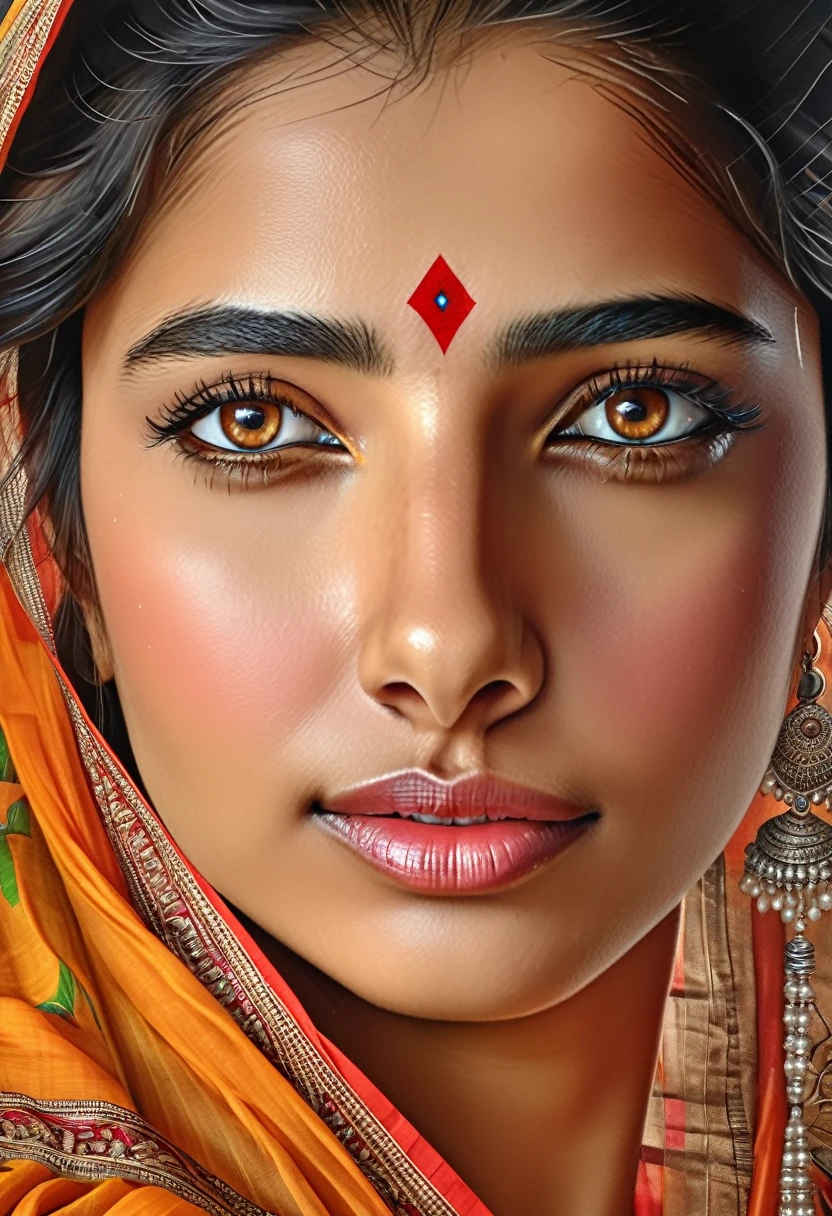 "(best quality,highres), Indian woman at temple, wearing sari, beautiful detailed eyes and lips, long eyelashes, realistic rendering, vibrant hues, high resolution, ultra-detailed, realistic rendering, high-resolution masterpiece, ", (woman's appearance is curved and attractive),
