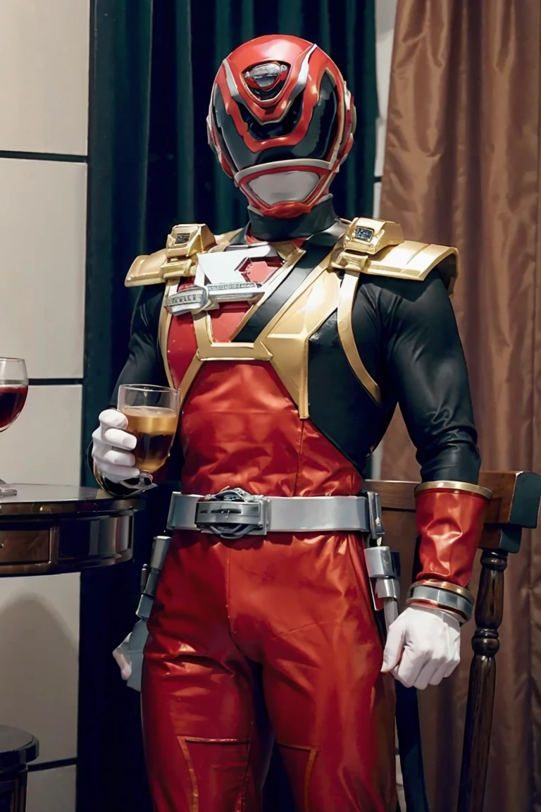 Fantasy background, cafe rpg style, empty chair, table, set of tea glass, (power rangers)), One guy、, ((red ranger suit)), chest armor with gold details, costume, Solo, ((fit figure)), (Anatomically correct), Cowboy shot, masked face, guns, muscular build