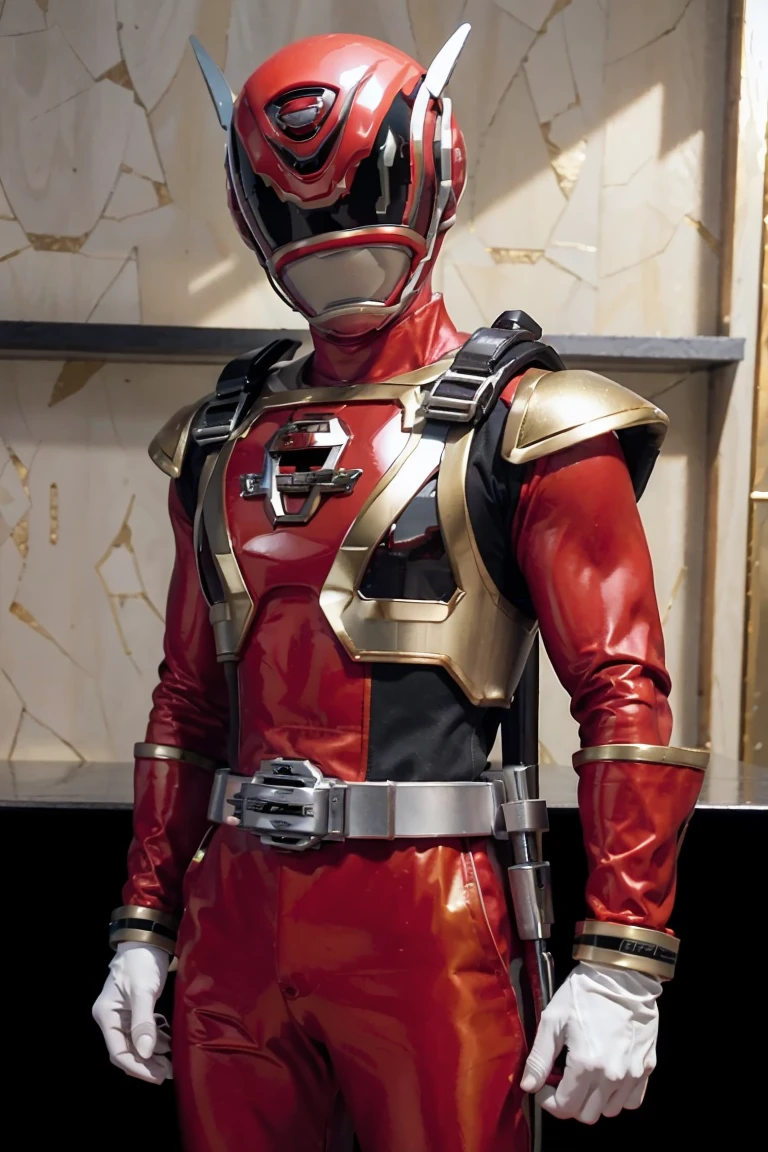 Fantasy background, cafe rpg style, empty chair, table, set of tea glass, (power rangers)), One guy、, ((red ranger suit)), chest armor with gold details, costume, Solo, ((fit figure)), (Anatomically correct), Cowboy shot, masked face, guns, muscular build