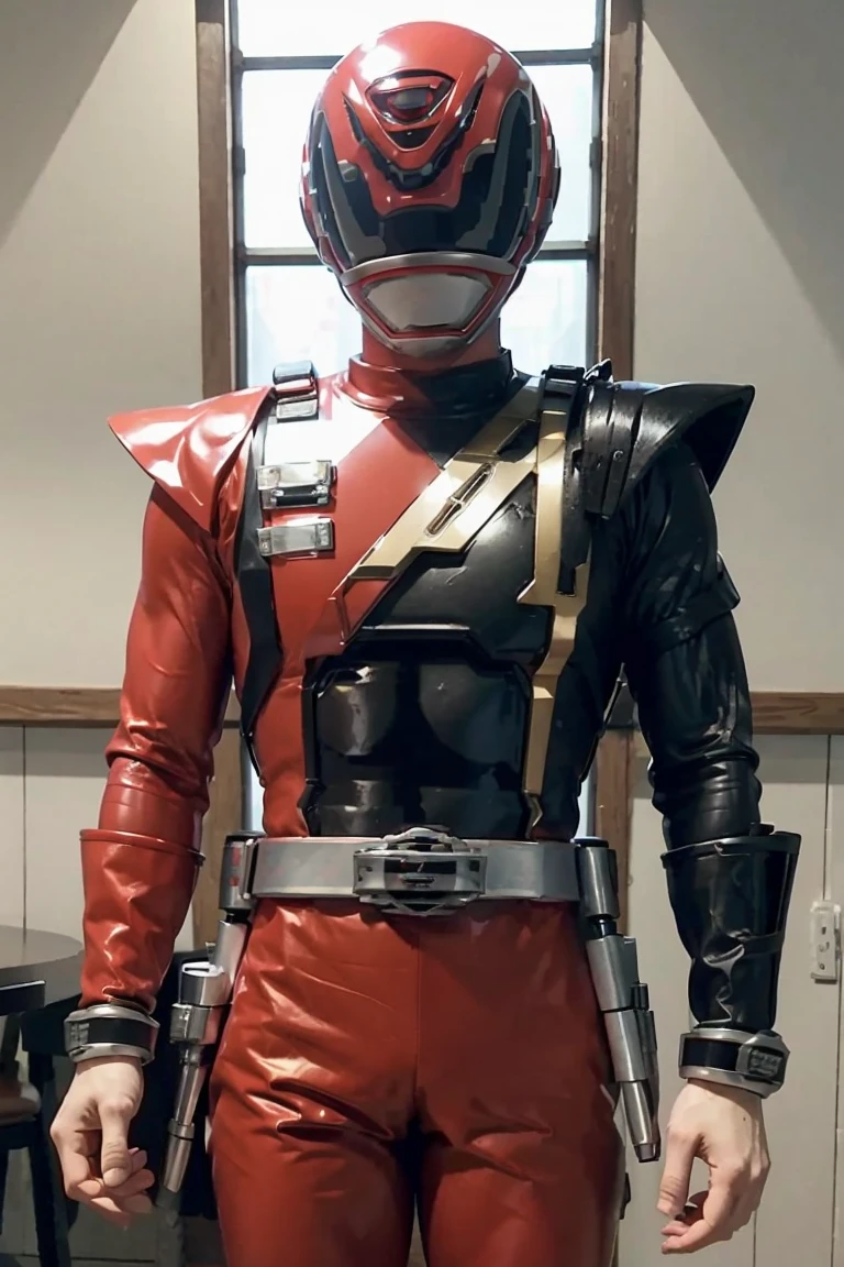 Fantasy background, cafe rpg style, empty chair, table, set of tea glass, (power rangers)), One guy、, ((red ranger suit)), chest armor with gold details, costume, Solo, ((fit figure)), (Anatomically correct), Cowboy shot, masked face, guns, muscular build