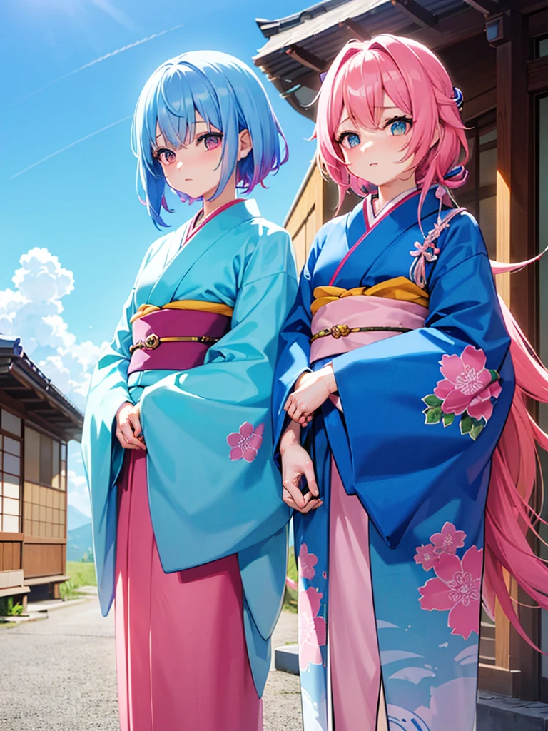 (masterpiece 1:1),(ultra hd picture), (pastel color palette), ((girl 1/girl 2) two Twin anime girls Short hair with different hair colors wearing japanese kimono with different color holding hands each other Love each other pose side by side), (girl 1 hair color pink mix with sky blue, primary hair color:pink, secondary hair color: sky blue, secondary hair color is a accent) ,(girl 1 kimono color blue with yellow accent).(Blue sky pastel hair girl)(girl 2 hair color sky blue mix with pink, primary hair color:sky blue, secondary hair color: pink, secondary hair color is a accent ),(girl 2 kimono color pink with yellow accent). Glowing eyes, HD results, best picture, cinematic angle, lovely expression, cute faces, Detail eyes, (4 fingers), Japan idols stages background.