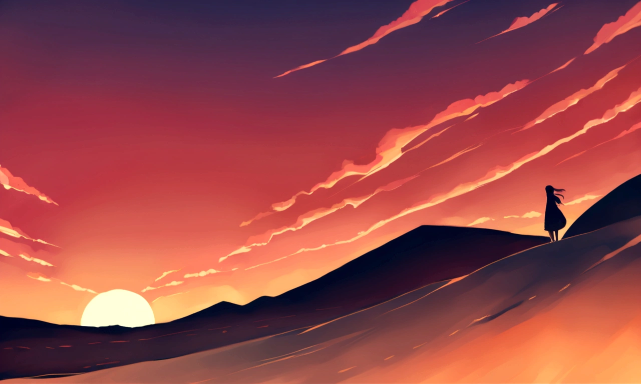 Illustration of a sunset landscape。With the sun setting in the distance、There is a girl character gazing at it.。In natural shades、Aim for a calming effect。By adding some moving wave and wind effects,、Expressing the rhythm of nature。