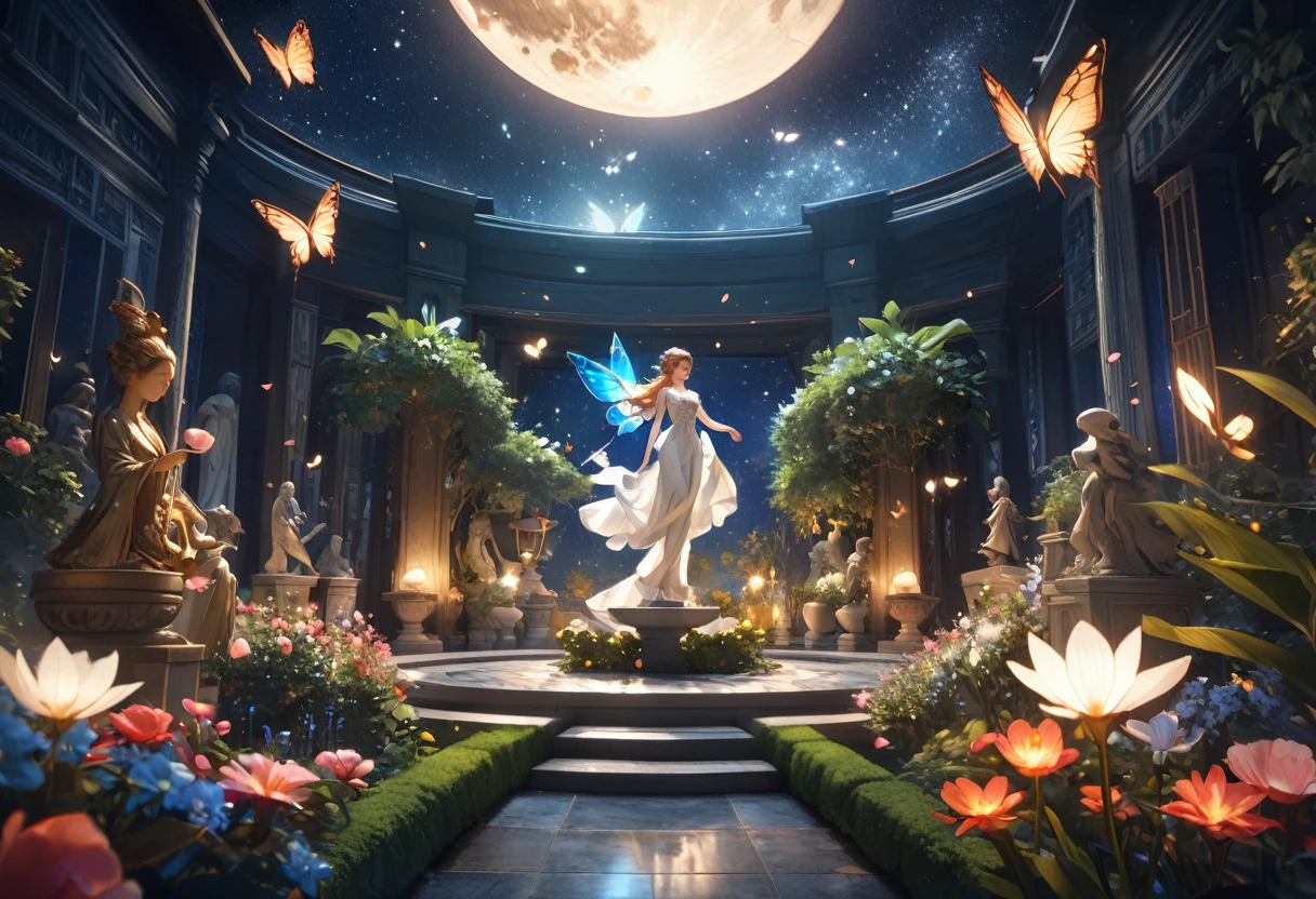 ((Highest quality)),((high-res)),night, Starry Sky, A magical indoor garden, moon, sculpture,relief,Lots of flowers, Glowing Butterfly, The background is a garden with petals and papas flying around